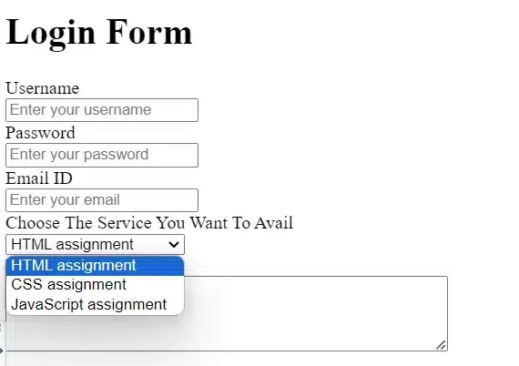 The output image shows a HTML Form where we have included a Select and Option Elements which gives us a dropdown menu
