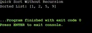 Output file for quick sort problem without using recursion.