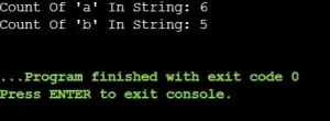 Output image showing the occurance of charactes in a Python string where the character 'a' has appeared for 6 times and 'b' appeared for 5 times