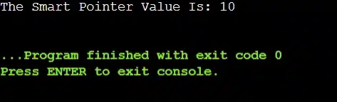 Output image showing the use of smart pointers where no delete keyword is needed to remove the allocated memory