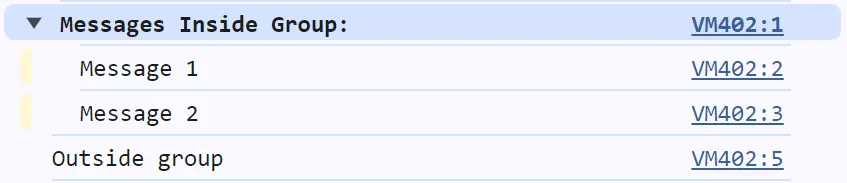 Output image showing the use of Console Group method where messages 1 and 2 are being gropped in a single folder
