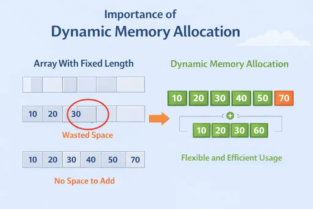 Visual representation showing the importance of Dynamic Memory Allocation in C using the array with fixed length